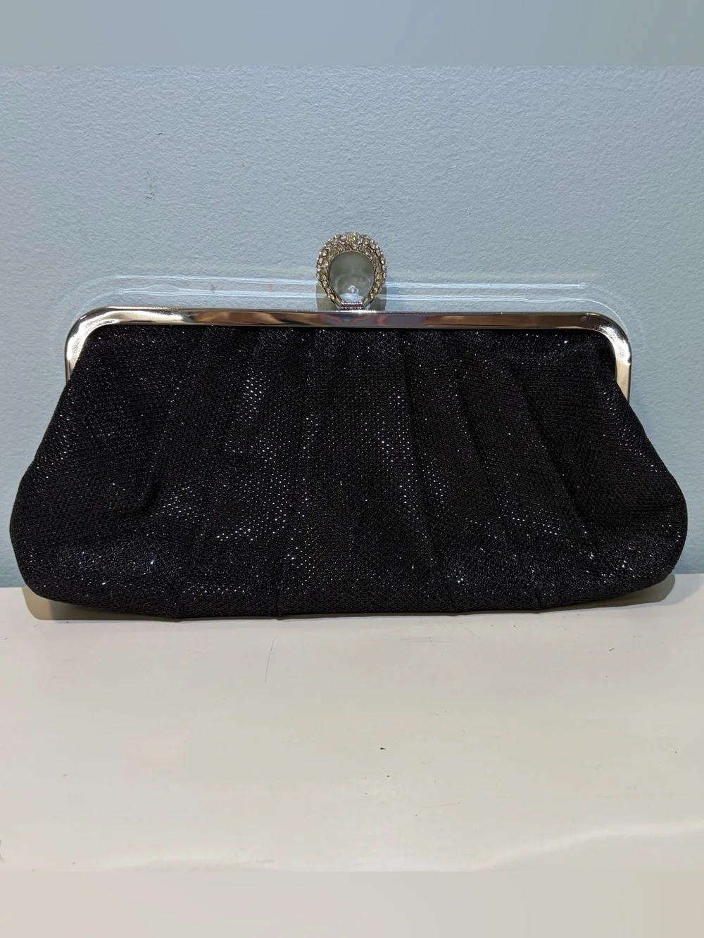 Jessica McClintock Sparkly Black Evening Clutch Rhinestone Finger Hold & Chain